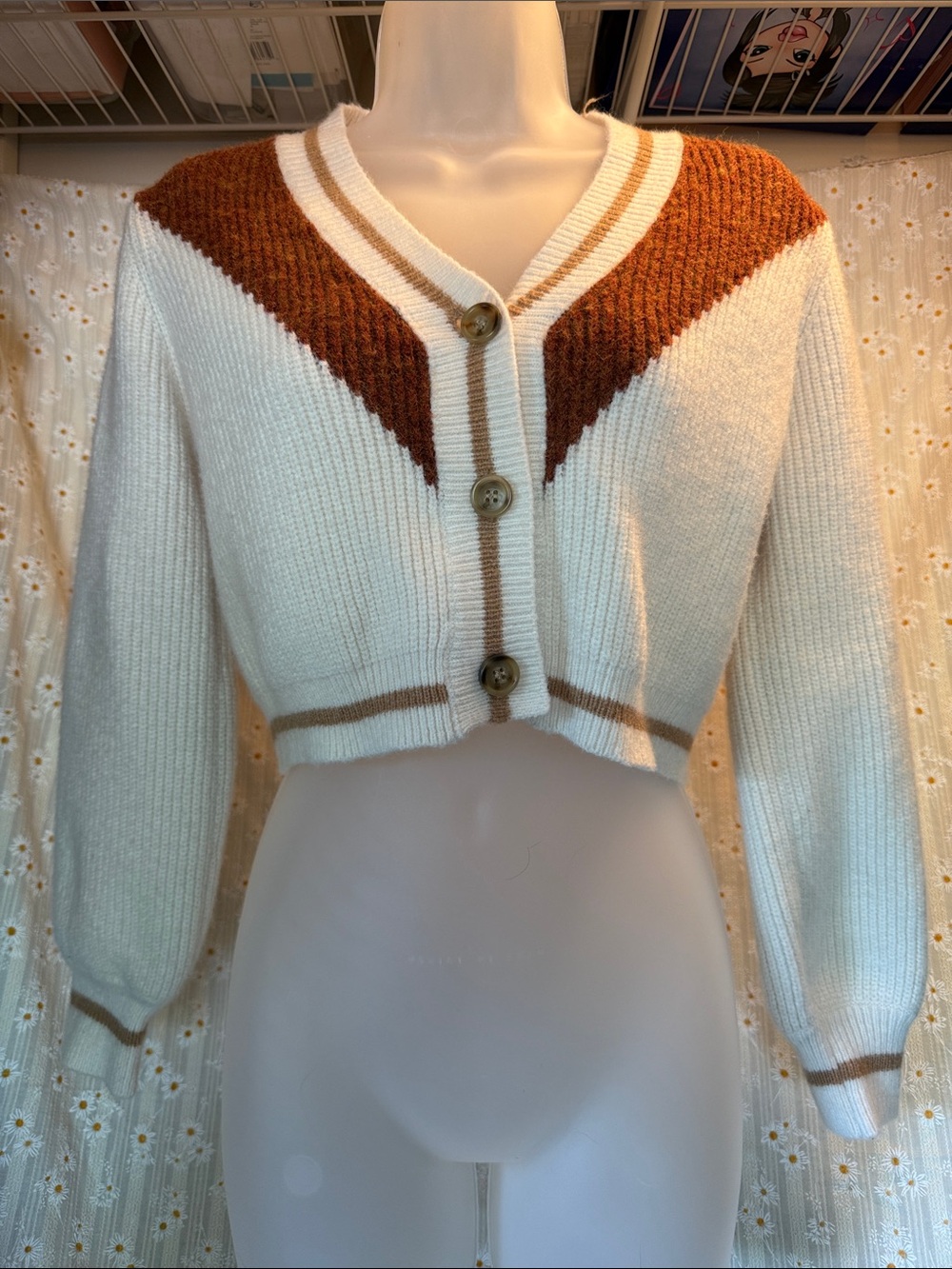 MINKPINK Cropped V-Yoke Cardigan in White and Brown